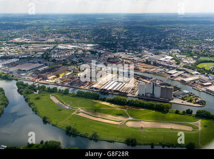 Luftaufnahme, Mülheimer Hafen, Hafen, Ruhr, Mülheim, Oberhausen, Ruhrgebiet, Ruhrgebiet, Nord Rhein Westfalen, Deutschland, Europa, Stockfoto