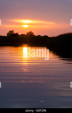 Sonnenuntergang über dem Fluss Bure aus Stracey Arme in der Nähe von Acle. Norfolk Broads. VEREINIGTES KÖNIGREICH. Juni. Stockfoto