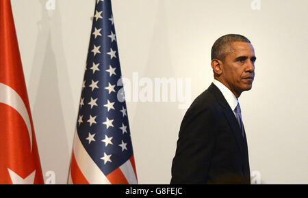 US-Präsident Barack Obama während einer Pressekonferenz auf dem G20-Gipfel der Staats- und Regierungschefs in Antalya in der Türkei. Stockfoto