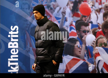 Großbritannien Pressekonferenz und Trainingssitzung - Davis Cup - Finale - Vorschau erster Tag - Flanders Expo Center. Der britische Andy Murray kommt zu einer Pressekonferenz im Flanders Expo Center in Gent. Stockfoto