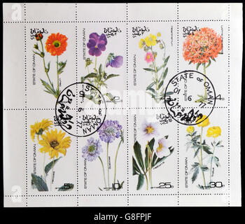 OMAN - CIRCA 1977: A Sammlung Briefmarken gedruckt in Oman zeigt acht Arten von Blumen, circa 1977 Stockfoto