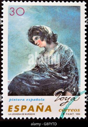 Spanien - CIRCA 1996: Eine Briefmarke gedruckt in Spanien zeigt das Milchmädchen von Bordeaux von Francisco de Goya, ca. 1996 Stockfoto