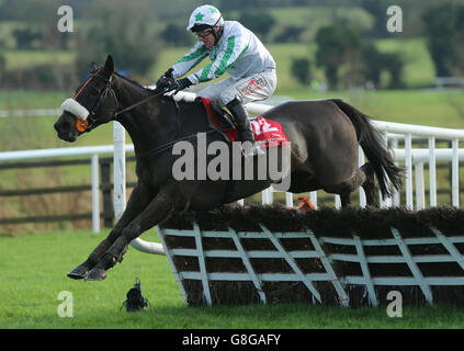 Oscar Sam mit Robbie Power springt als Letzter und gewinnt die Handicap-Hürde auf Facebook und Twitter während des John Durkan Memorial Chase Day auf der Punchestown Racecourse, Co. Kildare, Irland. Stockfoto