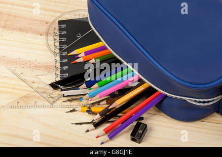 Blaue Schule Federmäppchen verschütten seinen Inhalt, auf hölzernen Klassenzimmer Schreibtisch zeigt Färbung Bleistifte Anspitzer Stockfoto