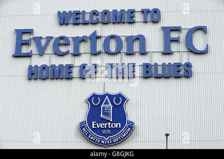 Goodson Park Beschilderung auf den Tribünen vor dem Barclays Premier League Spiel im Goodison Park, Liverpool. Stockfoto