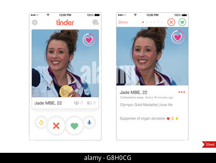 Bild von der NHS Blood and Transplant Kampagne, die Tinder 18-35 Demografie anvisiert, um die Menschen über ihr Potenzial als Lebensretter zu informieren und zu informieren. Hergestellt in Chelsea's Jamie Laing, Olympic Gold Medaillengewinner Jade Jones (abgebildet) und Emmerdale's Gemma Oaten haben alle Profile auf der Seite, die das Warte-Logo enthalten und Benutzer, die mit ihnen übereinstimmen, erhalten eine Nachricht mit der Aufschrift: "Wenn es nur so einfach wäre für diejenigen, die ein lebensrettendes Organ brauchen, ein Streichholz zu finden. Stockfoto