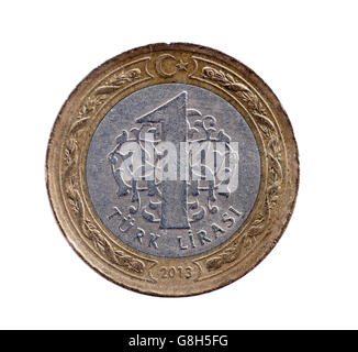 eine türkische Lira auf weißem Hintergrund Stockfoto