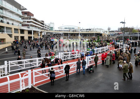 Cheltenham Races - The International - Tag 1. Im Paradering sehen sich Rennfahrer Pferde an Stockfoto