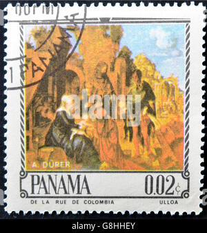 PANAMA - CIRCA 1967: Eine Briefmarke gedruckt in Panama zeigt die Anbetung der Heiligen drei Könige von Alverto Dürer, circa 1967 Stockfoto