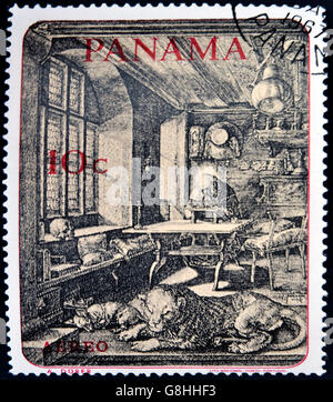 PANAMA - CIRCA 1967: Eine Briefmarke gedruckt in Panama zeigt der Heilige Hieronymus in seiner Studie von Dürer, ca. 1967 Stockfoto