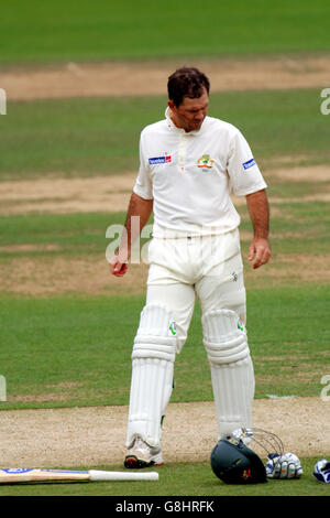 Ricky Ponting aus Australien zieht seinen Helm aus, nachdem er angefahren wurde Das Gesicht vom Bowling des Englands Steve Harmion Stockfoto