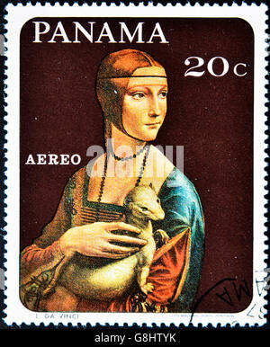 PANAMA - CIRCA 1967: Eine Briefmarke gedruckt in Panama zeigt Gemälde von Leonardo da Vinci - Dame mit dem Hermelin, circa 1967 Stockfoto