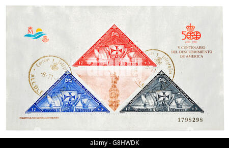 Spanien - ca. 1992: Eine Briefmarke gedruckt in Spanien, zum Gedenken an der Hundertjahrfeier V die Entdeckung Amerikas durch Christopher Columbus, ci Stockfoto