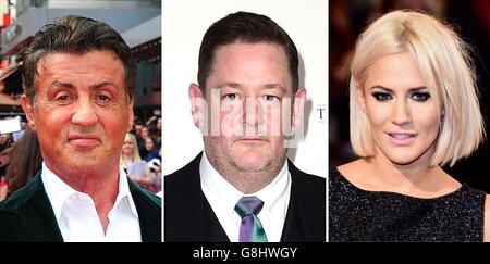 Fotos von (von links) Sylvester Stallone, Johnny Vegas und Caroline Flack. Stockfoto