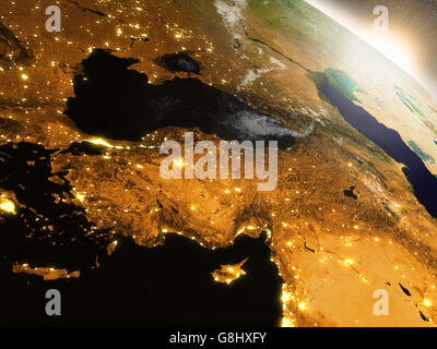 Türkei mit umliegenden Region bei Sonnenaufgang von der Umlaufbahn der Erde im Raum gesehen. 3D Illustration mit hochdetaillierten realitätsnah Stockfoto