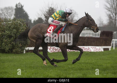 Der mutige Henry, der von Barry Geraghty geritten wird, zieht sich vom letzten Zaun ab, um den 32Red Casino Handicap Steeple Chase Race Run während des 32Red Day auf der Sandown Park Racecourse, Esher, zu gewinnen. Stockfoto