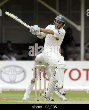 Der australische Schlagmann Justin langer wird von einem Ball des Englands Steve Harmion in die Brust geschlagen. Stockfoto