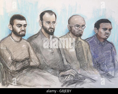 Hofkünstler-Skizze von Elizabeth Cook von (links-rechts) Tarik Hussane, 22, Suhaib Majeed, 21, Nyall Hammlett, 25, Nathan Cuffy, 26, der im Old Bailey in London vor Gericht gestellt wird, weil er Verschwörung zum Mord und Vorbereitung von Terroranschlägen begangen hat. Einige von ihnen werden auch wegen Schusswaffendelikten angeklagt. Stockfoto