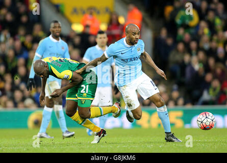 Youssouf Mulumbu von Norwich City und Fabian Delph von Manchester City kämpfen während des Emirates FA Cup um den Ball, der dritten Runde in der Carrow Road, Norwich. Stockfoto