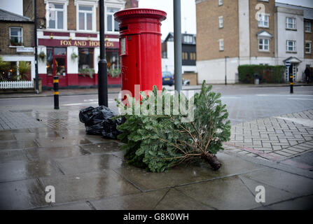 Auf den Straßen von Battersea, London, ist ein weggeworfener Weihnachtsbaum zu sehen. Stockfoto