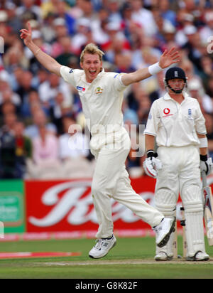 Cricket - The Ashes - npower Third Test - England gegen Australien - Old Trafford. Der australische Brett Lee feiert die Aufnahme des britischen Ian Bell, gefangen von Adam Gilchrist Stockfoto