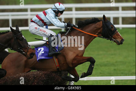 Der von Jonathan Moore gerittene Mooch springt als Letzter auf den Sandyford Handicap Chase während des Hürdentages des irischen BHP Insurances-Champions im Leopardstown Racecouse, Dublin. Stockfoto