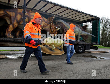 Ein Lastwagen von Dinosauriern wird im Port Lympne Wild Animal Park in der Nähe von Ashford, Kent, entladen, da die 24 lebensgroßen und anatomisch korrekten Dinosauriernachbildungen aus Deutschland kommen und als Dauerausstellung mit 103 der Replikatdinosaurier, die dieses Ostern eröffnet werden, im Park aufgestellt werden. Stockfoto