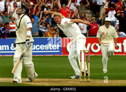 Der englische Matthew Hoggard feiert den vierten Tag des vierten npower-Test-Spiels in Trent Bridge, Nottingham, Sonntag, 28. August 2005, mit dem australischen Michael Clarke Wicket. DRÜCKEN Sie VERBANDSFOTO. Bildnachweis sollte lauten: Rui Vieira/PA. Stockfoto