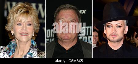 Fotos von (von links) Jane Fonda, William Shatner und Boy George. Stockfoto