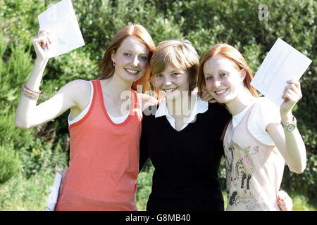 Achtzehn-jährige Drillinge (L-R) Ali, Helen und Katie Prescott von der Durham High School feiern ihre A-Level-Pässe, und jetzt alle planen, Medizin zu studieren. Ali und Katie erreichten beide drei A-Noten und Schwester Helen vier A-Noten. Stockfoto