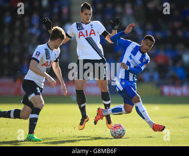 Erik Lamela von Tottenham Hotspur (hinten) und Ben Davies (links) kämpfen während des Emirates FA Cup mit Richard Brindley von Colchester United (rechts) um den Ball, das vierte Spiel im Weston Homes Community Stadium, Colchester. Stockfoto