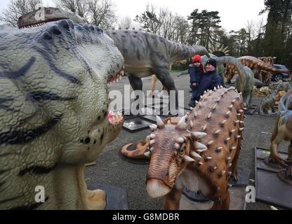 Alfie Lambert, 3, mit seinem Großvater Graham Holdstock unter 24 lebensgroßen und anatomisch korrekten Nachbildungen von Dinosauriern im Port Lympne Wild Animal Park in der Nähe von Ashford, Kent, Als sie aus Deutschland kommen, um als Dauerausstellung mit 103 der Nachbildungen der Dinosaurier, die an Ostern eröffnet werden, im Park platziert zu werden. Stockfoto