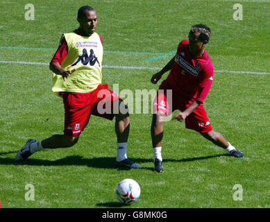 Danny Gabbidon (L) und Robert Earnshaw von Wales während einer Trainingseinheit im New Stadium, Swansea, Dienstag, 30. August 2005. Wales spielen England in einer WM-Qualifikation im Millennium Stadium am Samstag. DRÜCKEN SIE VERBANDSFOTO. Bildnachweis sollte lauten: David Davies/PA Stockfoto