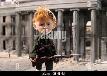 Eine Marionette von Vinny Byrne, einem der Hitmen von Michael Collins, die zu einer Stimme aus dem Grab in einem neuen Animationsfilm geworden ist, der die Geschichte erzählt, ein 14-jähriger Junge im Osteraufstand zu sein. Stockfoto