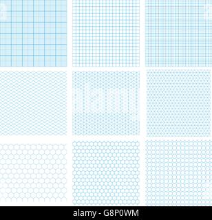 Neun Cyan geometrischen Raster, nahtlose Muster isoliert auf weiss. Millimetric, isometrische, sechseckige und Kreise. Stock Vektor