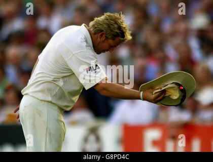 Der Australier Shane Warne verneigt sich vor den Zuschauern, nachdem sie am ersten Tag des fünften npower-Test-Spiels gegen England im Brit Oval, London, am 8. September 2005 Anerkennung für seine 5 Wickets zeigen. DRÜCKEN SIE VERBANDSFOTO. Das Foto sollte lauten: Rui Vieira/PA. Stockfoto