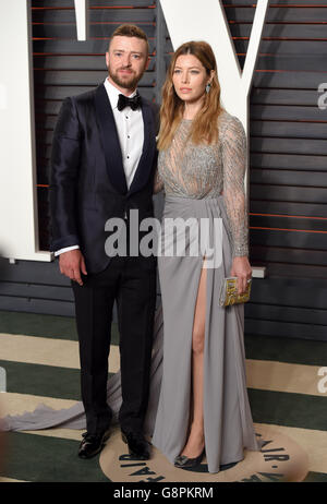 Justin Timberlake und Jessica Biel kommen auf der Vanity Fair Oscar Party in Beverly Hills, Los Angeles, CA, USA, 28. Februar 2016 an. DRÜCKEN Sie VERBANDSFOTO. Bilddatum: Sonntag, 28. Februar 2016. Siehe PA Story SHOWBIZ Oscars. Bildnachweis sollte lauten: PA Wire/PA Wire Stockfoto