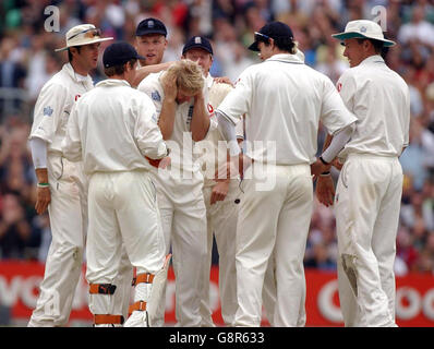 Der englische Matthew Hoggard feiert, dass er am vierten Tag des fünften npower-Test-Spiels im Brit Oval, London, am Sonntag, 11. September 2005, das australische Michael Clarke's Wicket mit Teamkollegen nimmt. DRÜCKEN Sie VERBANDSFOTO. Bildnachweis sollte lauten: Chris Young/PA. Stockfoto