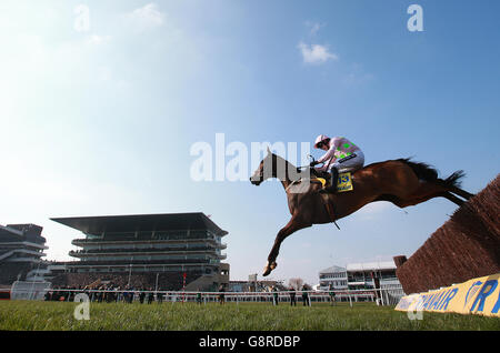 Vautour wird von Jockey Ruby Walsh auf dem Weg zum Gewinn der Ryanair Chase während des St. Patrick's Donnerstag des Cheltenham Festivals 2016 auf der Cheltenham Rennbahn gefahren. Stockfoto