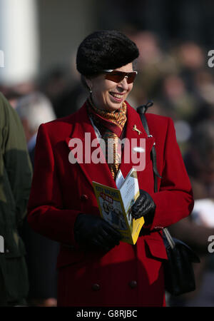 Die Prinzessin Royal während St. Patrick's Donnerstag des 2016 Cheltenham Festival auf Cheltenham Rennbahn. DRÜCKEN Sie VERBANDSFOTO. Bilddatum: Donnerstag, 17. März 2016. Siehe PA Story RACING Cheltenham. Bildnachweis sollte lauten: David Davies/PA Wire. Stockfoto