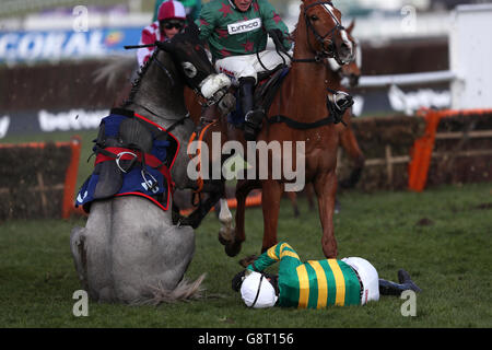 Campeador von Jockey Barry Geraghty geritten fällt in der Fred Winter Juvenile Handicap Hürde während des Ladies Day des Cheltenham Festival 2016 auf der Cheltenham Rennbahn. Stockfoto