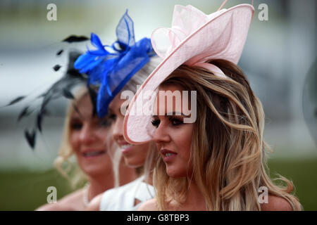 Weibliche Rennfahrerinnen beim Ladies Day des Crabbie's Grand National Festivals auf der Aintree Racecourse, Liverpool. Stockfoto