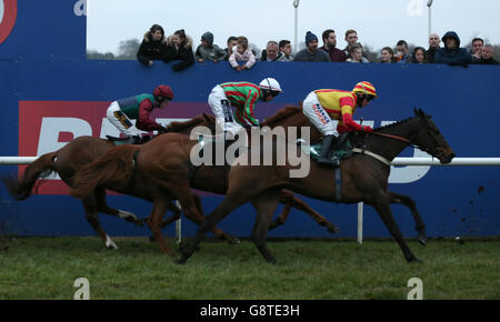 Läufer und Reiter beim Betfred „Follow US on Twitter“ Standard Open National Hunt Flat Race während des Betfred Midlands Grand National Day auf der Uttoxeter Racecourse. DRÜCKEN SIE VERBANDSFOTO. Bilddatum: Samstag, 19. März 2016. Siehe PA Story RACING Uttoxeter. Bildnachweis sollte lauten: Simon Cooper/PA Wire Stockfoto