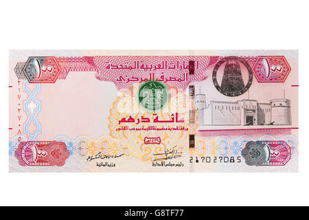 Vereinigte Arabische Emirate VAE 100 Dirham Hinweis auf weißem Hintergrund Stockfoto