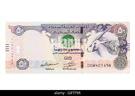 Vereinigte Arabische Emirate VAE 50 Dirham Hinweis auf weißem Hintergrund Stockfoto