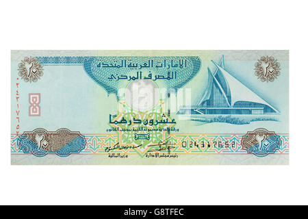 Vereinigte Arabische Emirate VAE 20 Dirham Hinweis auf weißem Hintergrund Stockfoto