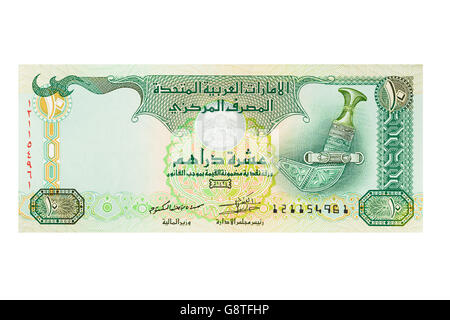 Vereinigte Arabische Emirate VAE zehn Dirham Hinweis auf weißem Hintergrund Stockfoto