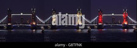 Zusammengesetztes Bild mit der Tower Bridge im Zentrum von London, die in den Farben der belgischen Flagge als Tribut nach den gestrigen Terroranschlägen in Brüssel leuchtet. Stockfoto