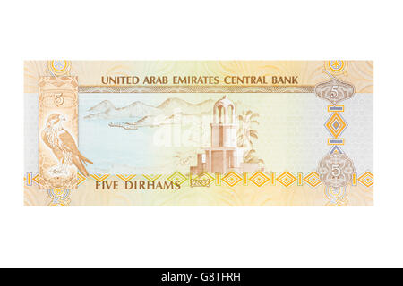 Vereinigte Arabische Emirate VAE 5 Dirham Hinweis auf weißem Hintergrund Stockfoto