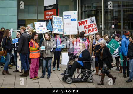 Eine Streikposten vor Bristol Royal Infirmary, wie Assistenzärzte nehmen, um Streikposten wieder in ihrem laufenden Streit mit der Regierung. Stockfoto